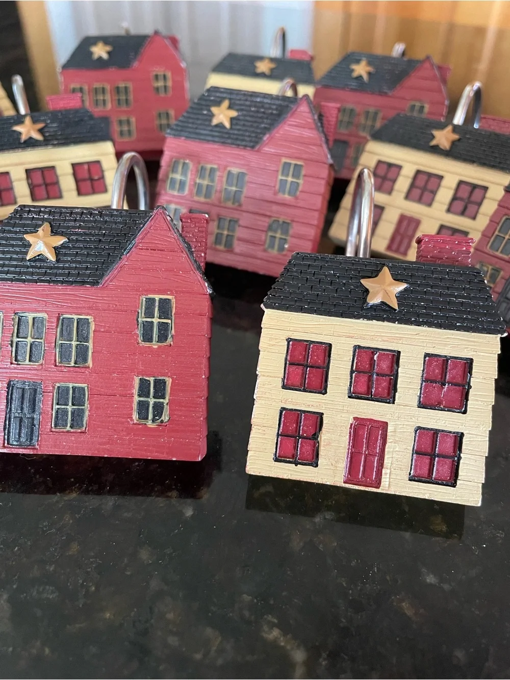 Shower Curtain Hooks - Primitive Distressed-Red Black & Cream Houses - Set of 12